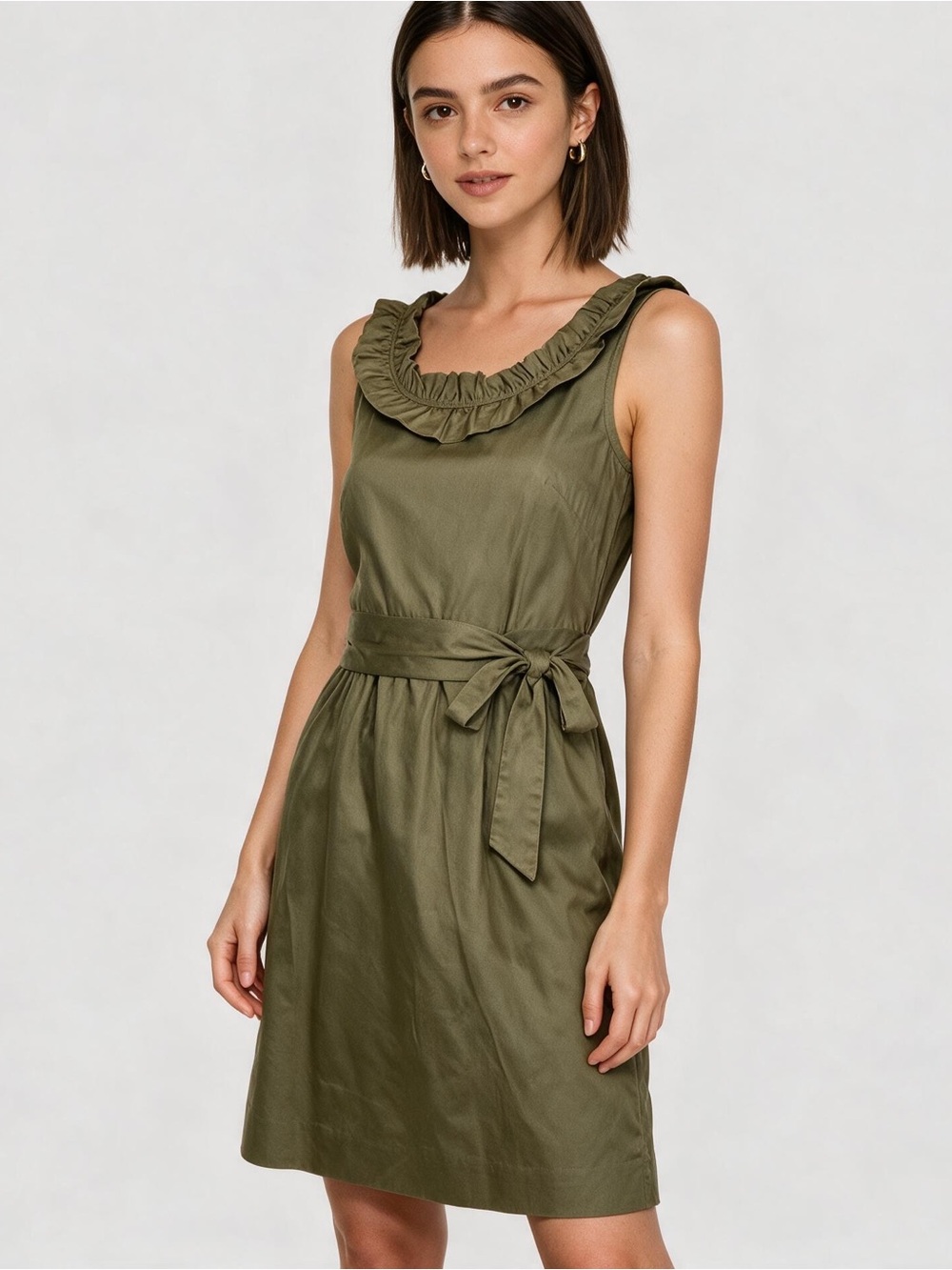 J Crew Ruffle Collar Cotton Sateen Belted Olive Earth Green Dress  Size 2
